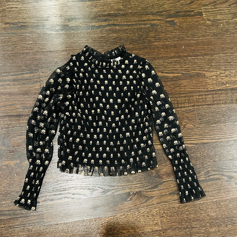 Zara black and gold floral blouse sheer sleeves cotton lining Size 7